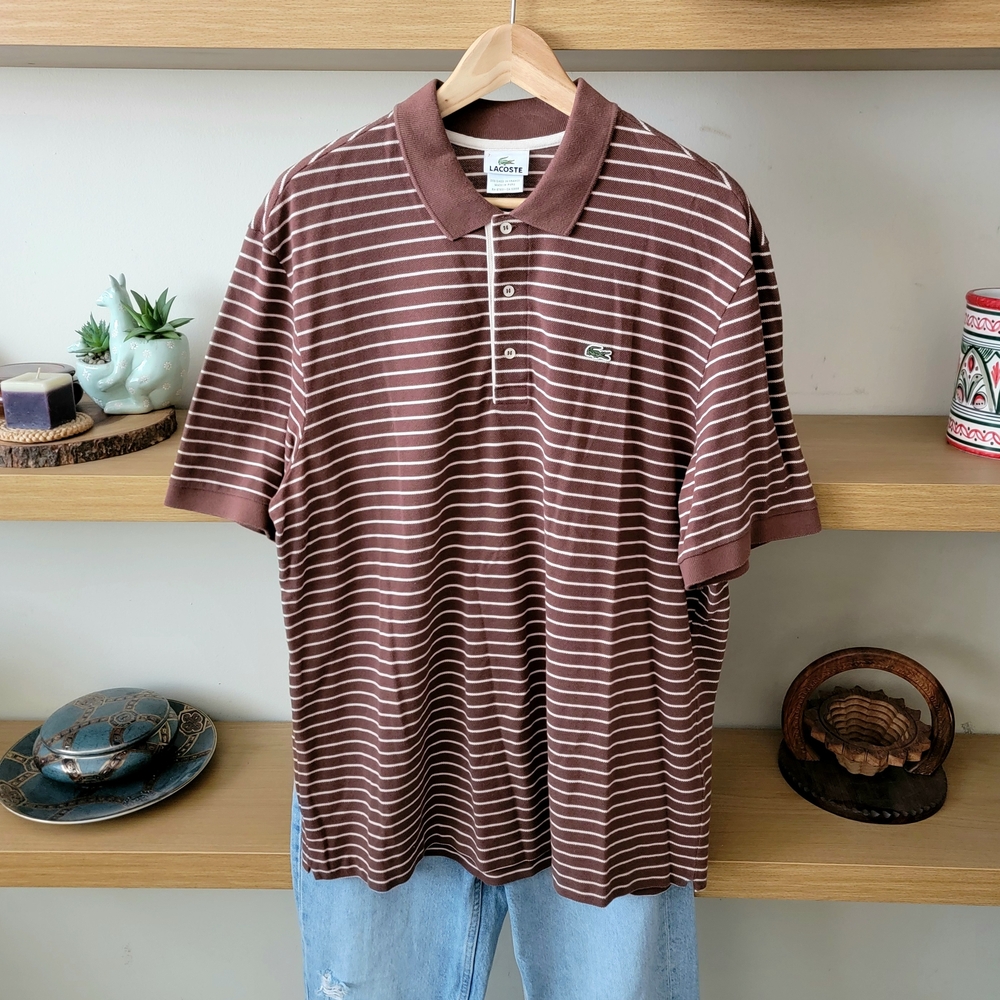 Lacoste Men's Brown Striped Polo Shirt XL